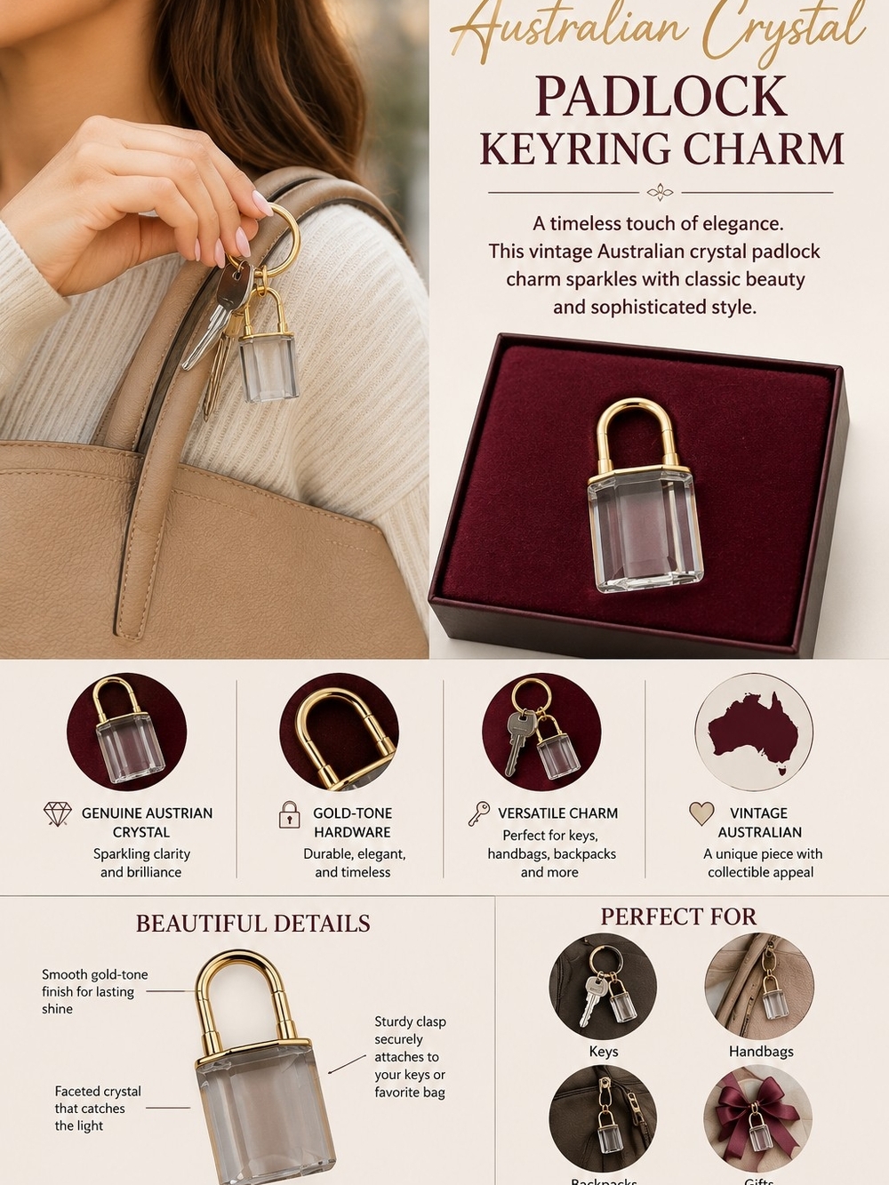 Australian Crystal Padlock Keyring Charm - Gold & Clear